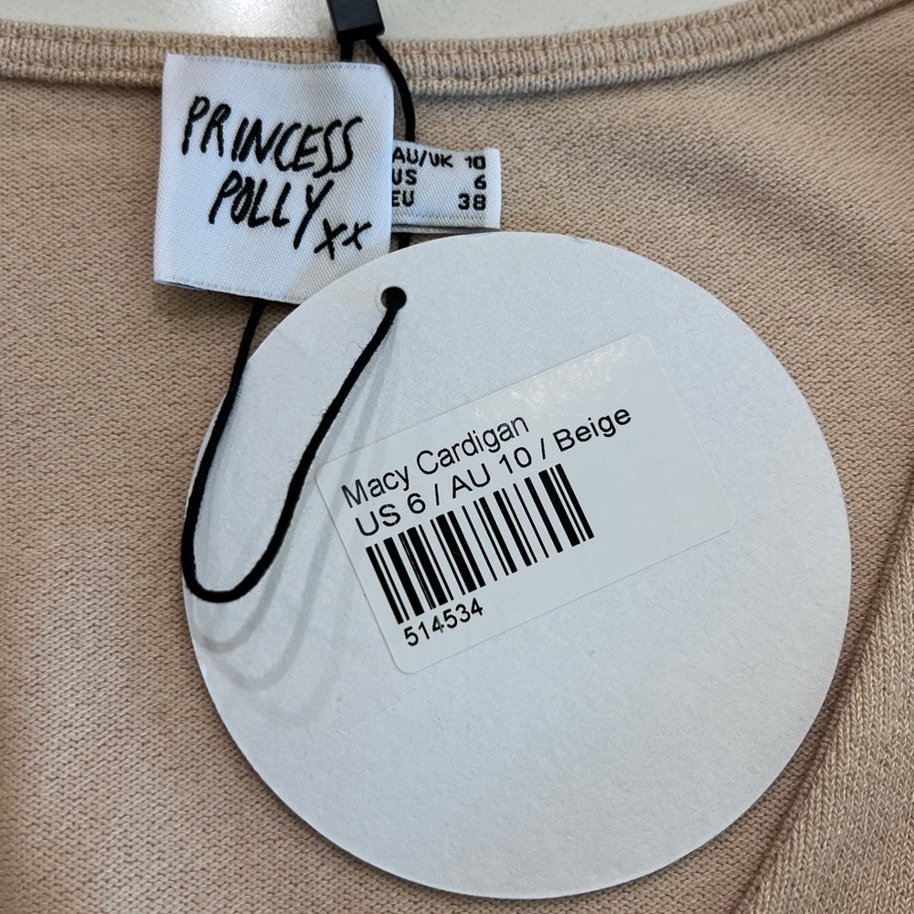 Princess Polly Macy Cardigan Beige Pearl Button Front Size 6 NWT - Picture 7 of 10